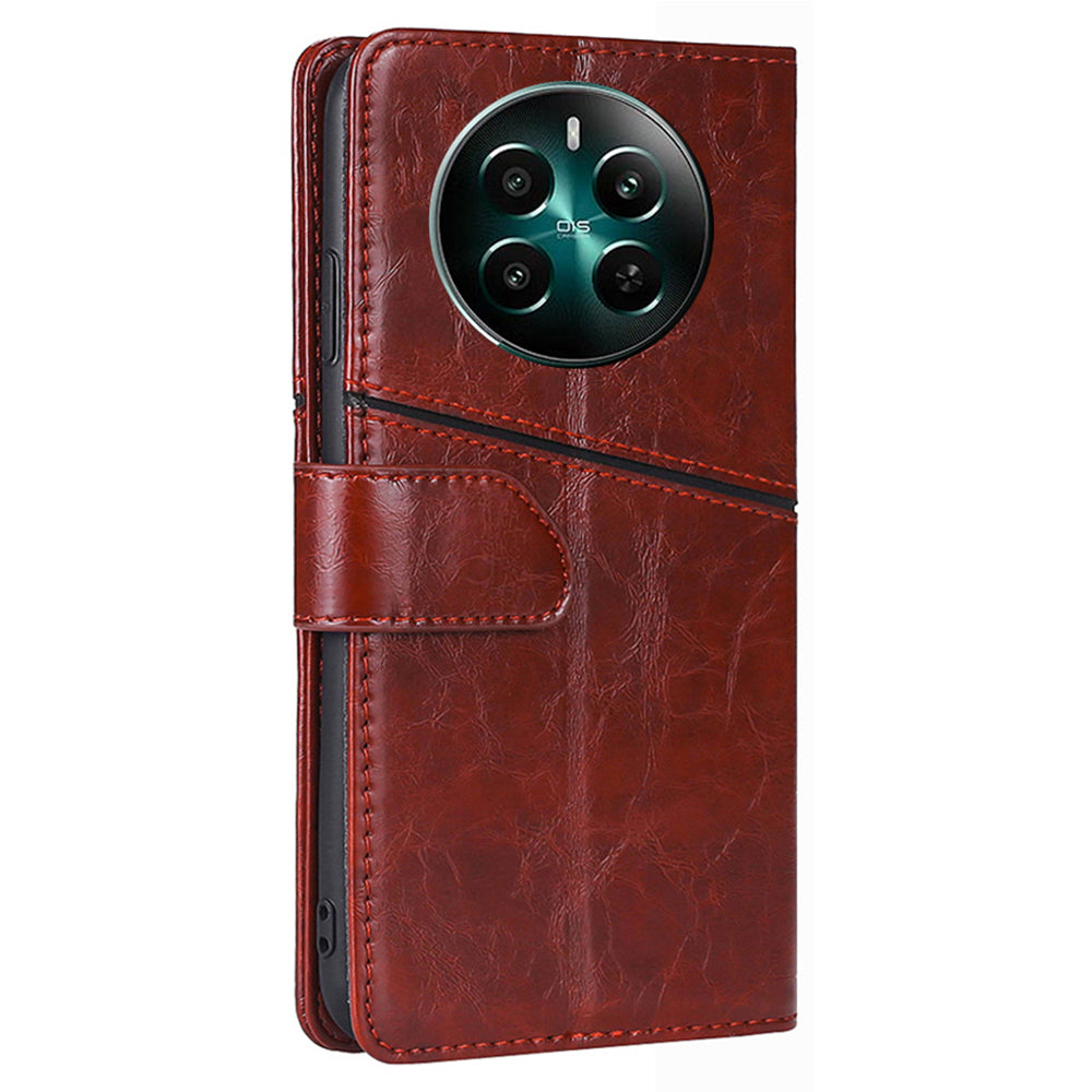 For Realme 12+ 5G Case Magnetic Closing Geometric Splicing Phone Stand Cover - Dark Brown