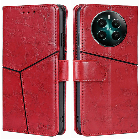 For Realme 12+ 5G Case Magnetic Closing Geometric Splicing Phone Stand Cover - Red