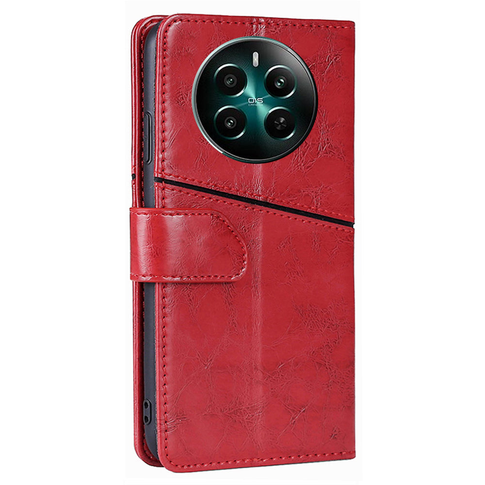 For Realme 12+ 5G Case Magnetic Closing Geometric Splicing Phone Stand Cover - Red