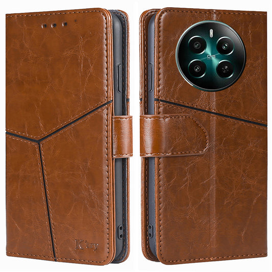 For Realme 12+ 5G Case Magnetic Closing Geometric Splicing Phone Stand Cover - Light Brown