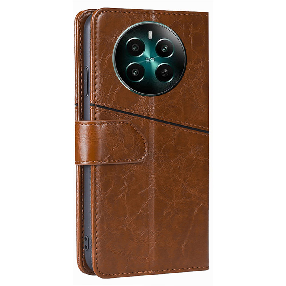 For Realme 12+ 5G Case Magnetic Closing Geometric Splicing Phone Stand Cover - Light Brown