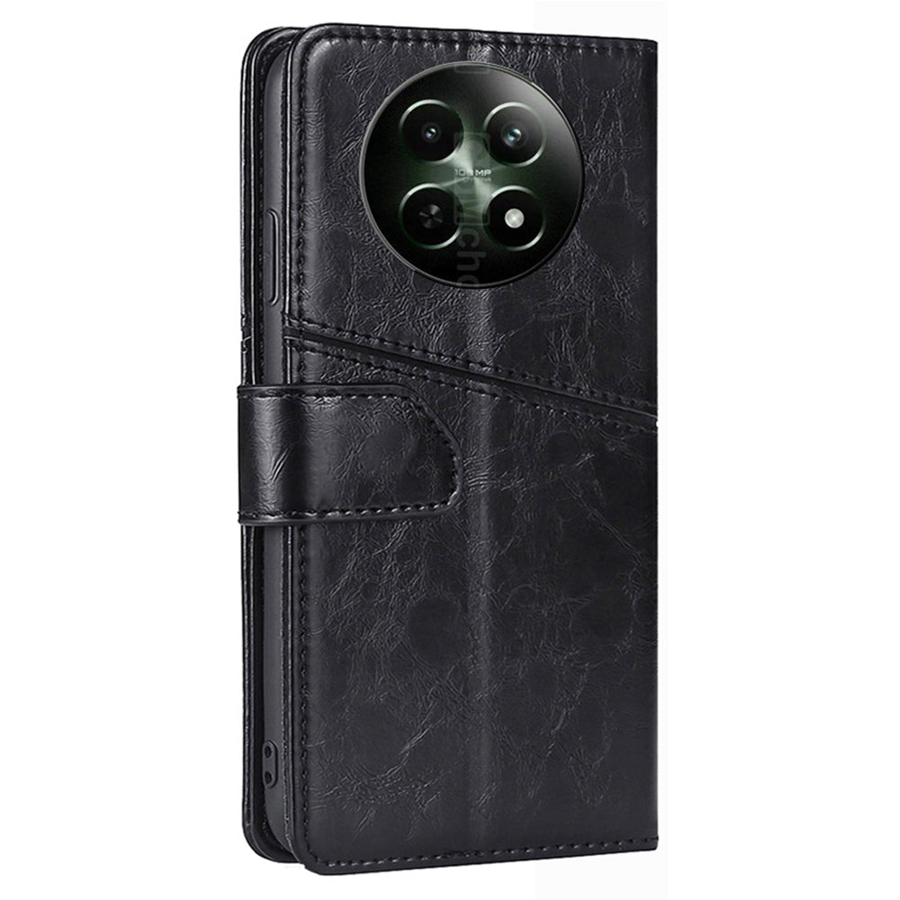 Magnetic Case for Realme 12 Shell Wallet Geometric Splicing Phone Cover - Black