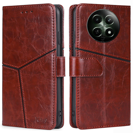 Magnetic Case for Realme 12 Shell Wallet Geometric Splicing Phone Cover - Dark Brown