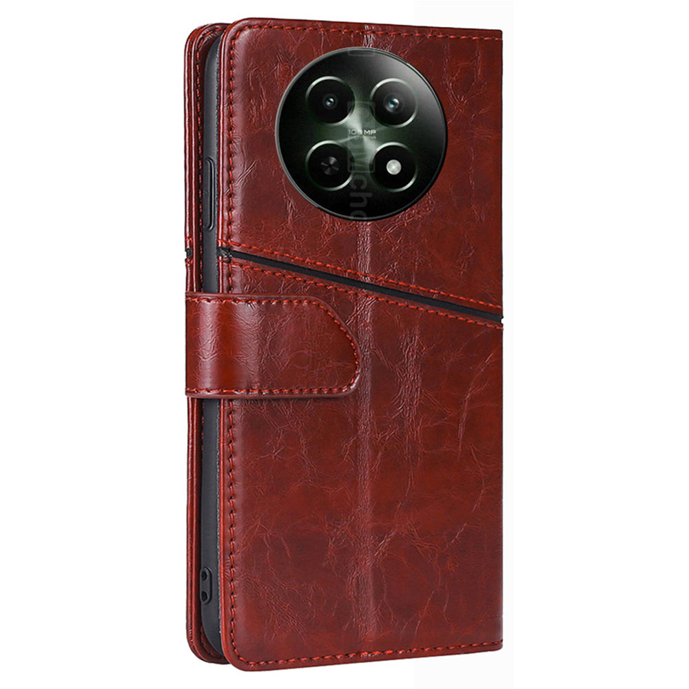 Magnetic Case for Realme 12 Shell Wallet Geometric Splicing Phone Cover - Dark Brown