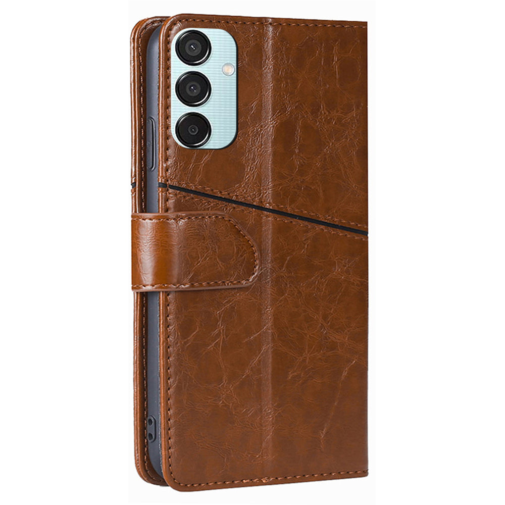 Wallet Case for Samsung Galaxy M15 5G Phone Cover Imprint Geometric Splicing Stand Shell - Light Brown