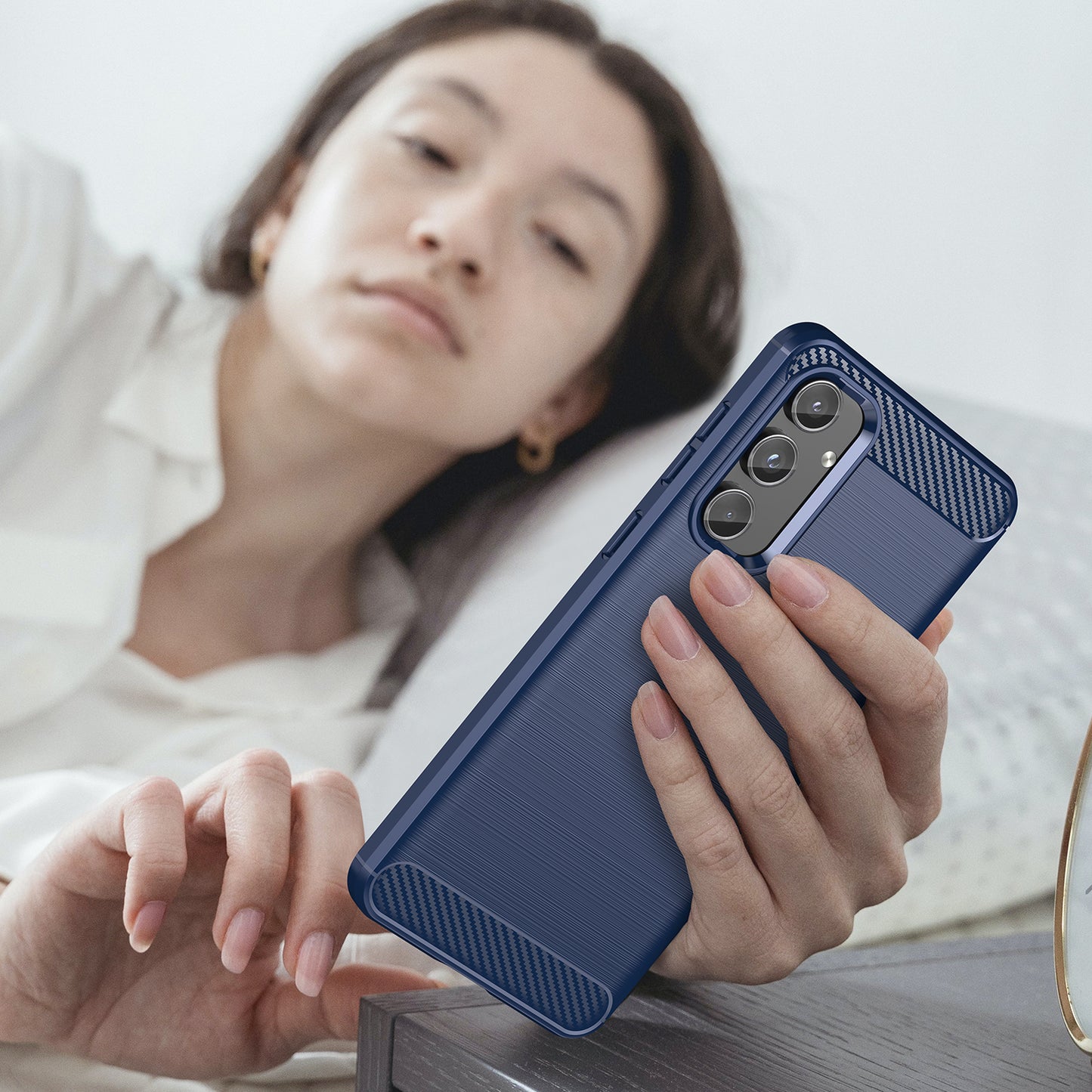 For Samsung Galaxy M55 5G Brushed Phone Case Carbon Fiber Texture Soft TPU Cover - Blue