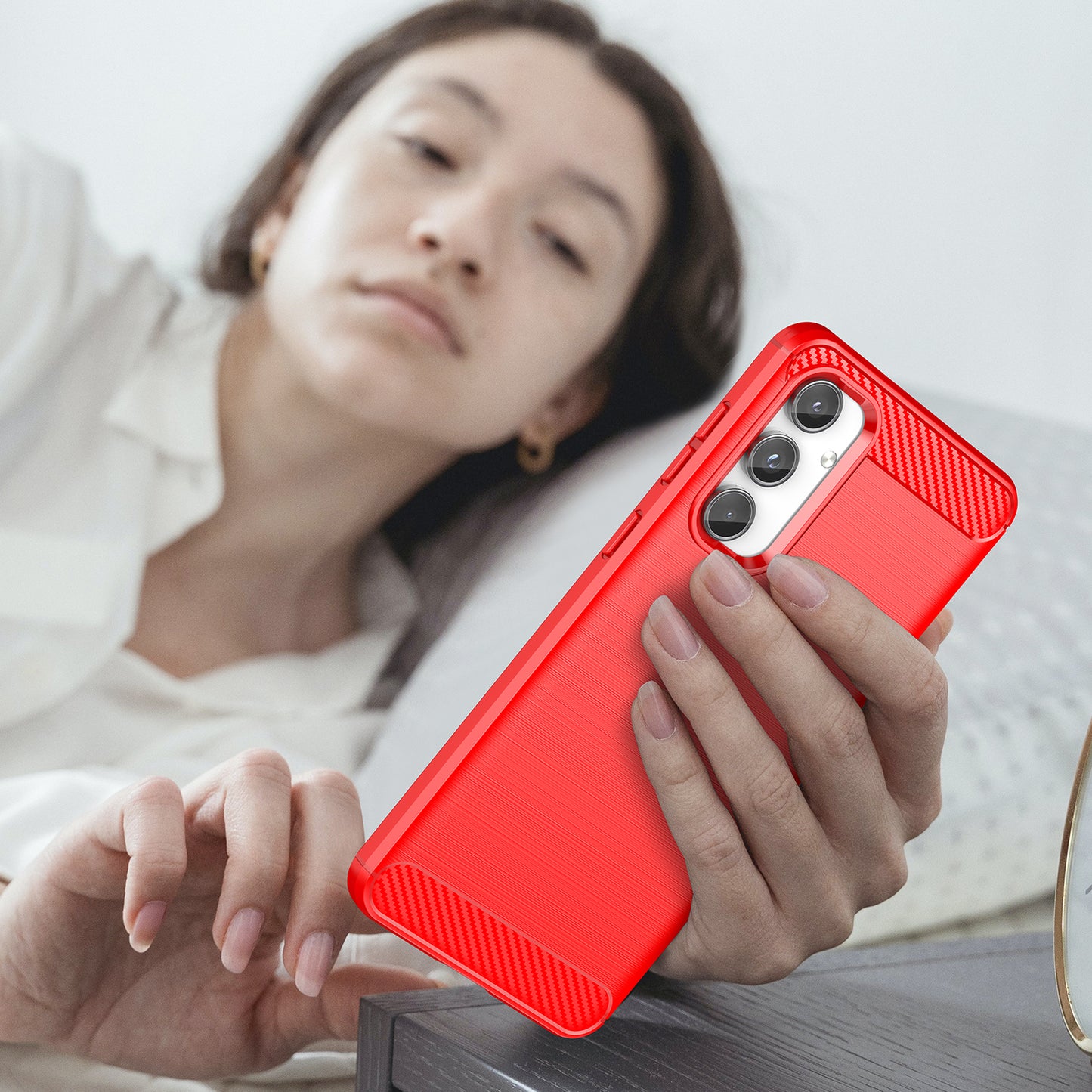 For Samsung Galaxy M55 5G Brushed Phone Case Carbon Fiber Texture Soft TPU Cover - Red