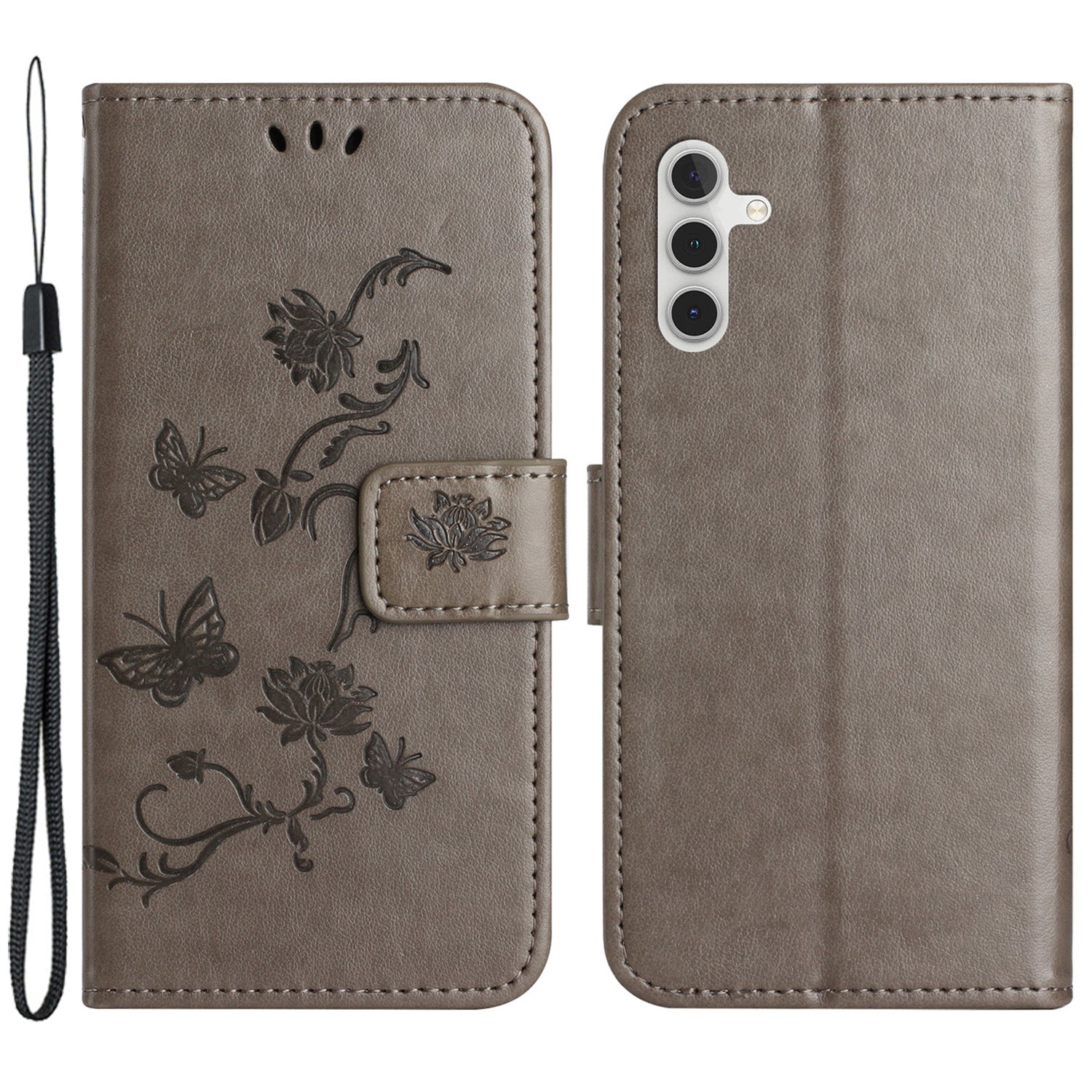 For Samsung Galaxy M15 5G / F15 5G Flip Wallet Case Butterfly Flower Leather Phone Cover - Grey