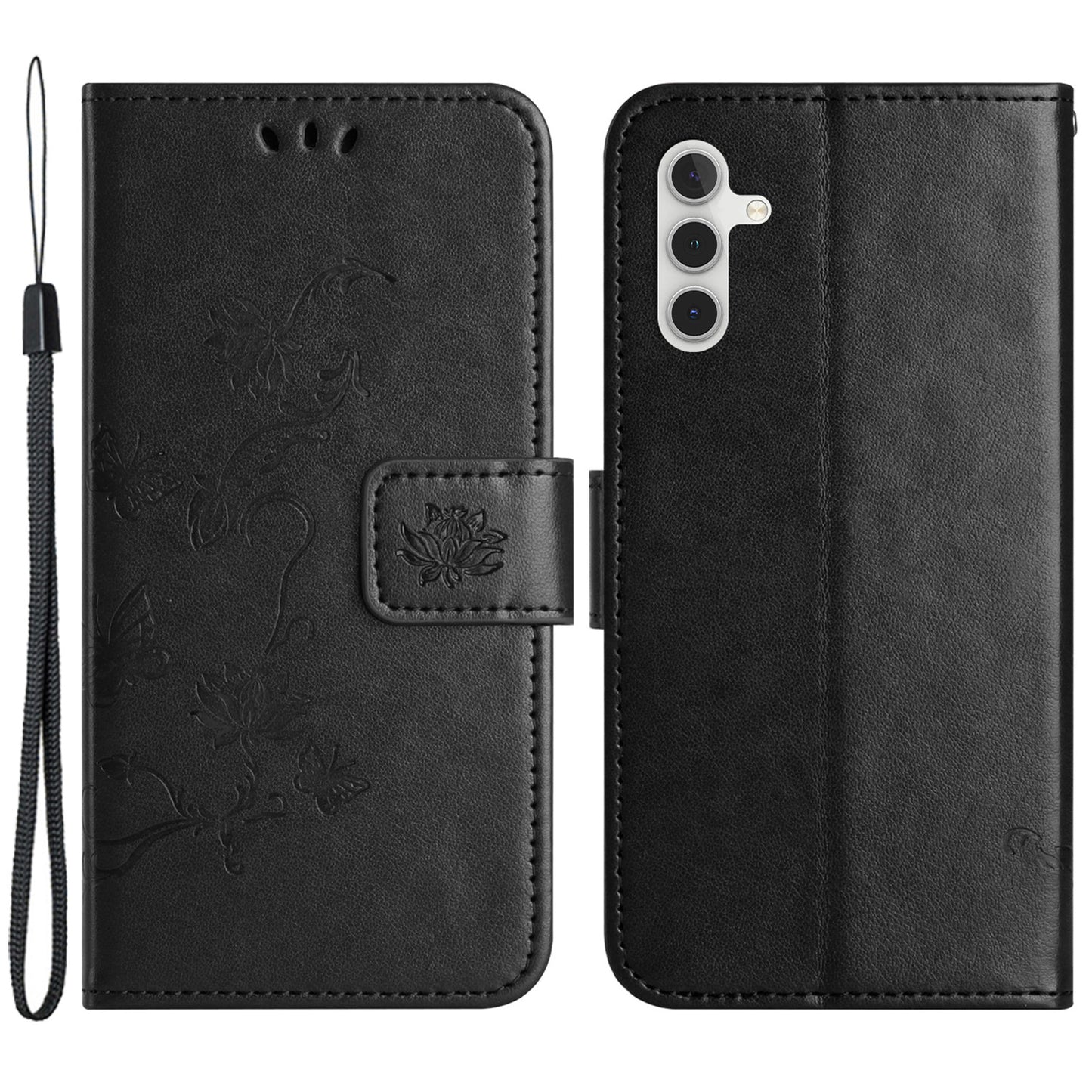 For Samsung Galaxy M15 5G / F15 5G Flip Wallet Case Butterfly Flower Leather Phone Cover - Black