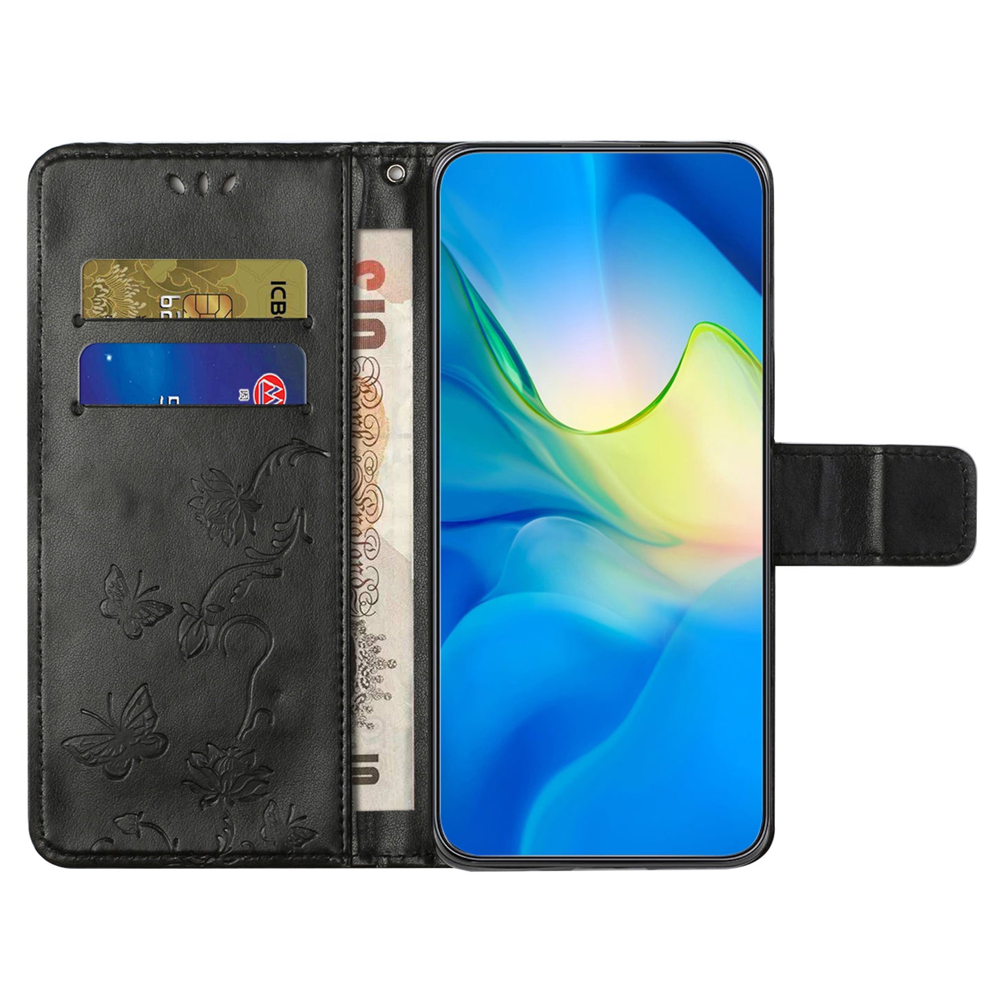 For Samsung Galaxy M15 5G / F15 5G Flip Wallet Case Butterfly Flower Leather Phone Cover - Black