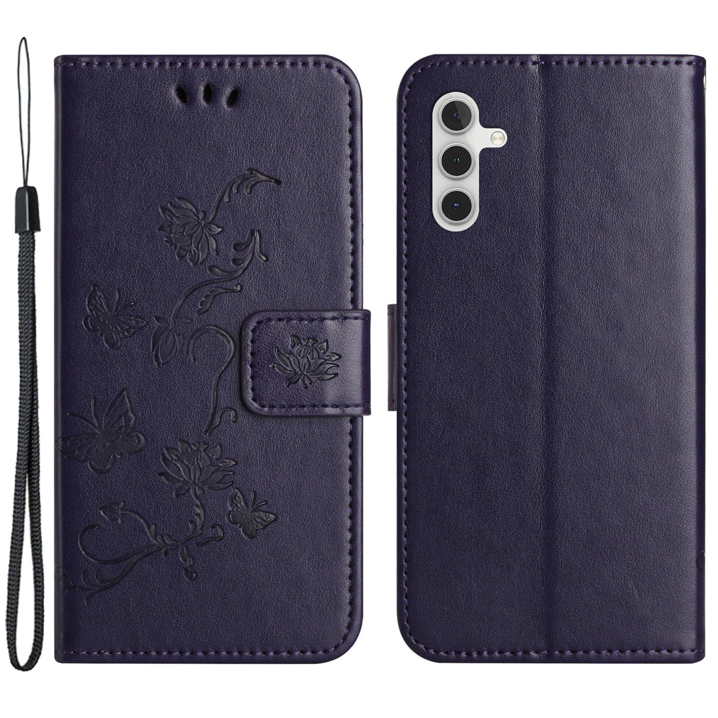 For Samsung Galaxy M15 5G / F15 5G Flip Wallet Case Butterfly Flower Leather Phone Cover - Dark Purple