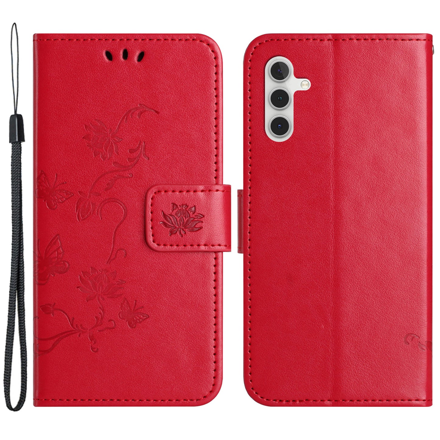 For Samsung Galaxy M15 5G / F15 5G Flip Wallet Case Butterfly Flower Leather Phone Cover - Red