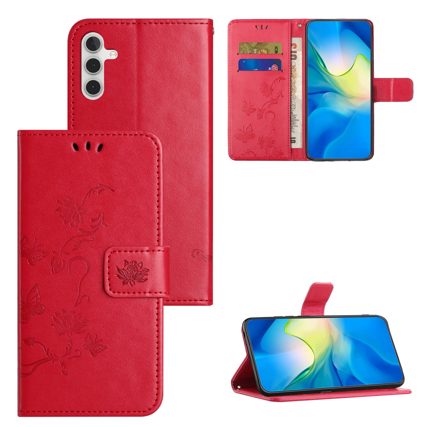 For Samsung Galaxy M15 5G / F15 5G Flip Wallet Case Butterfly Flower Leather Phone Cover - Red