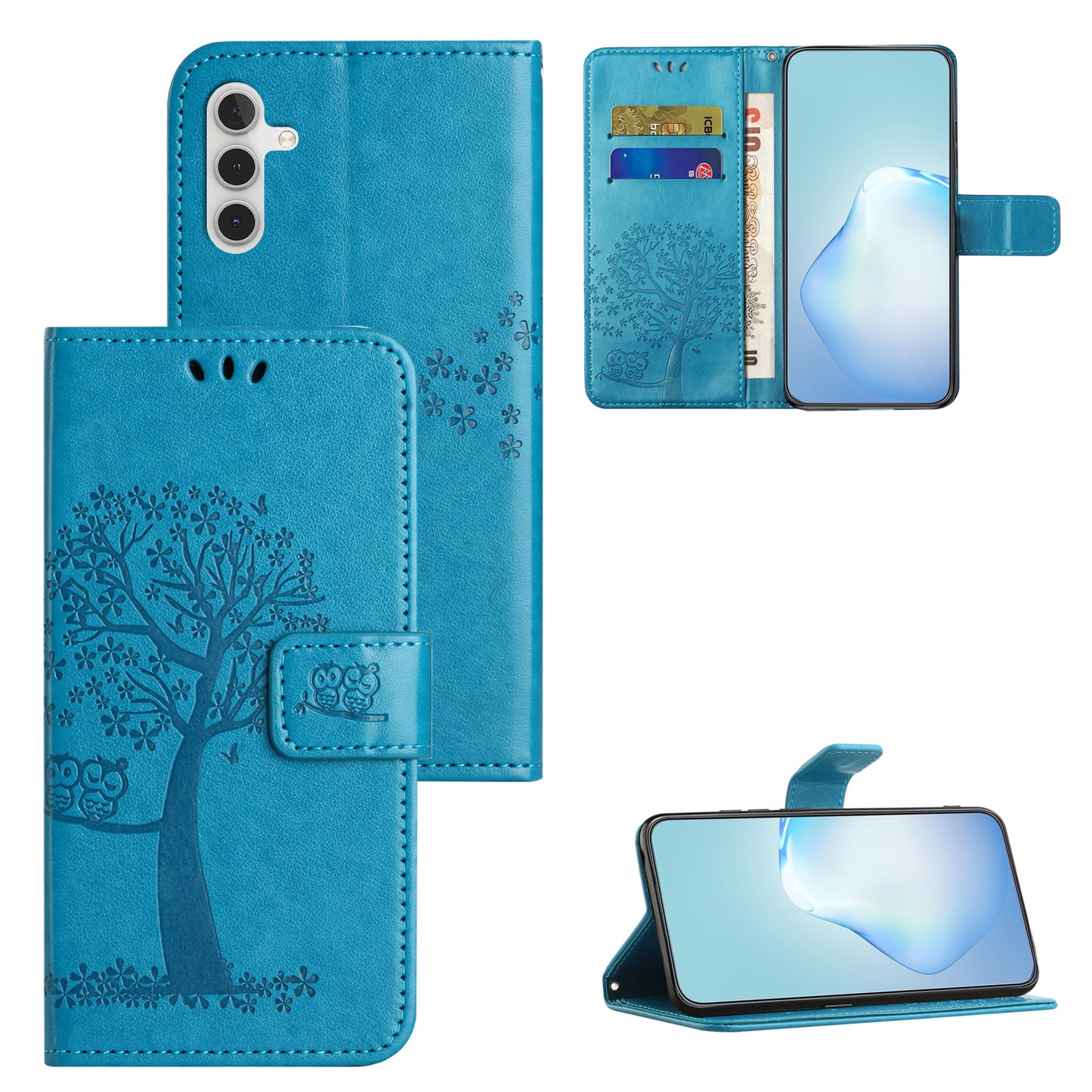 Leather Case for Samsung Galaxy M15 5G / F15 5G , Wallet Phone Cover Imprinted Owl Tree - Blue