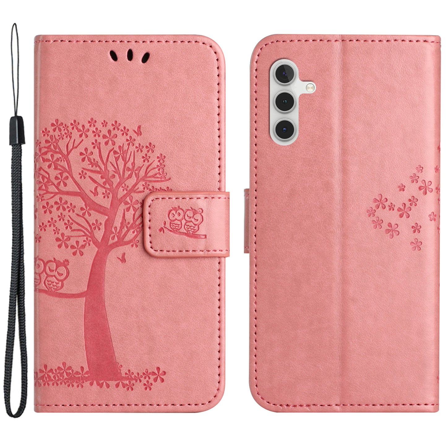 Leather Case for Samsung Galaxy M15 5G / F15 5G , Wallet Phone Cover Imprinted Owl Tree - Pink