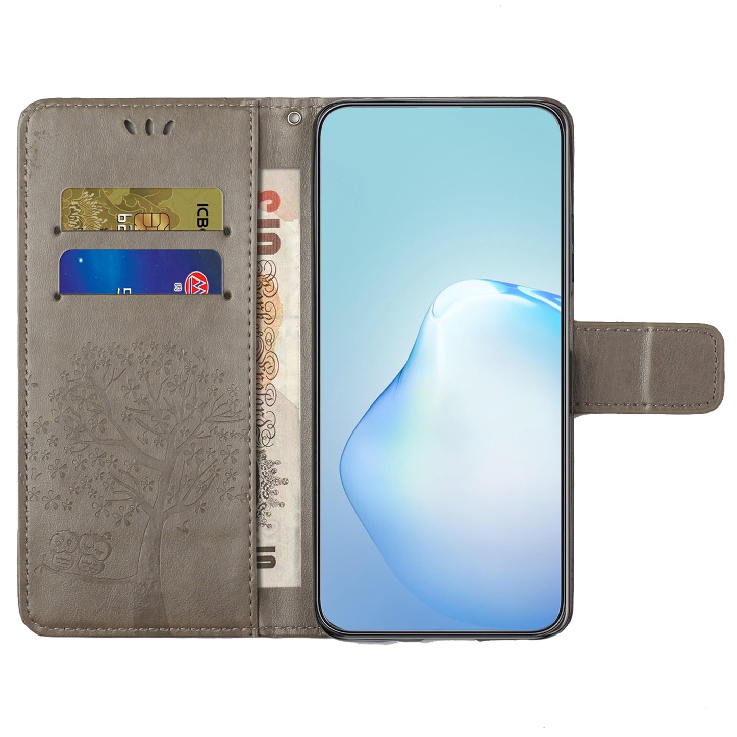 Leather Case for Samsung Galaxy M15 5G / F15 5G , Wallet Phone Cover Imprinted Owl Tree - Grey