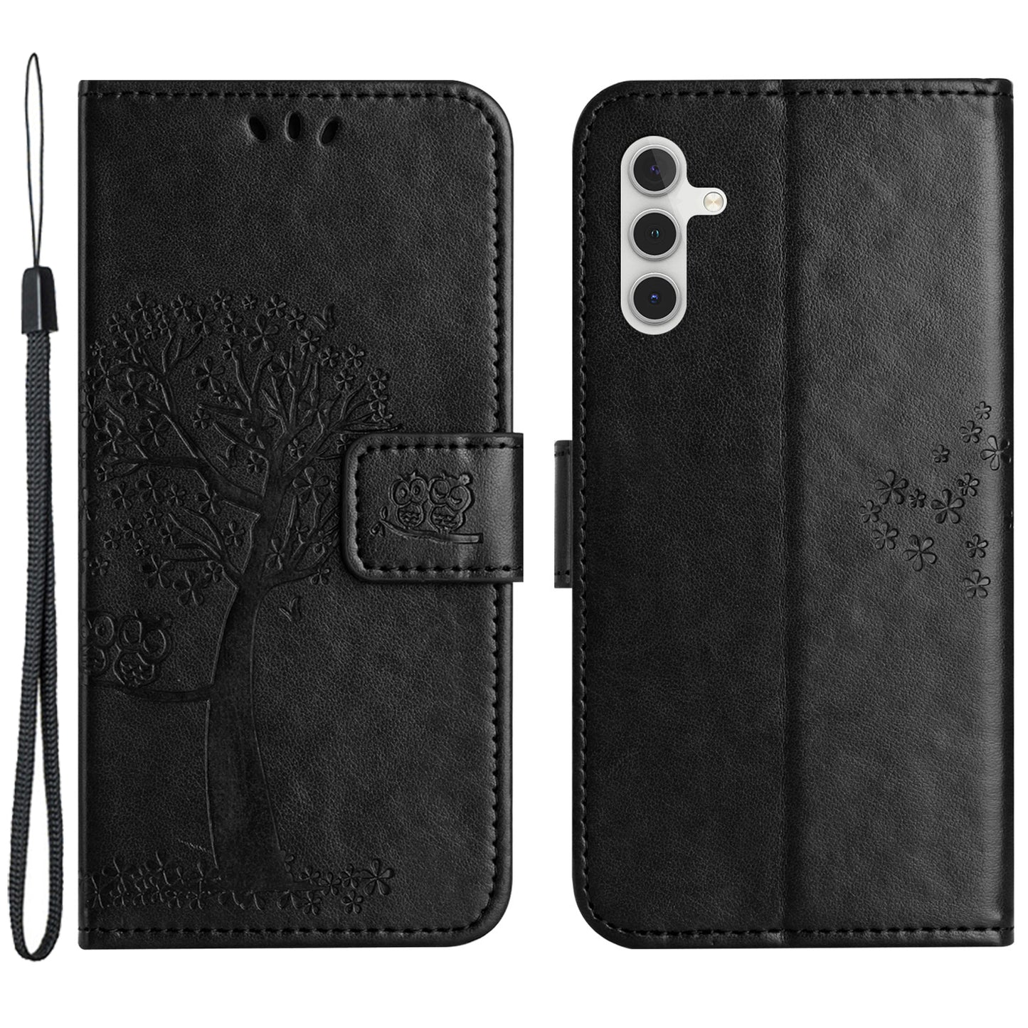 Leather Case for Samsung Galaxy M15 5G / F15 5G , Wallet Phone Cover Imprinted Owl Tree - Black