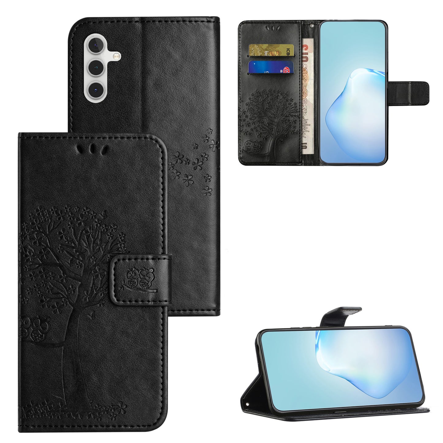 Leather Case for Samsung Galaxy M15 5G / F15 5G , Wallet Phone Cover Imprinted Owl Tree - Black