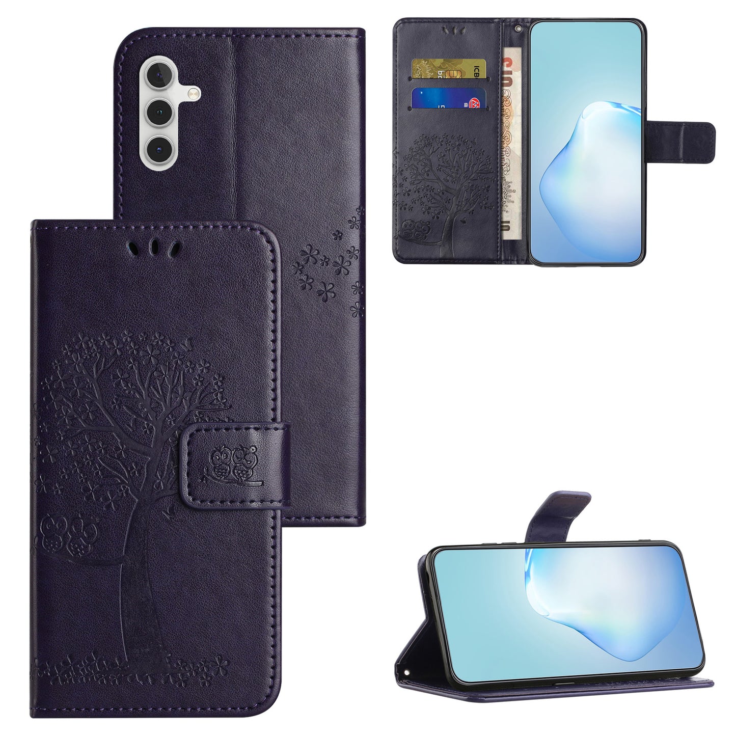 Leather Case for Samsung Galaxy M15 5G / F15 5G , Wallet Phone Cover Imprinted Owl Tree - Dark Purple