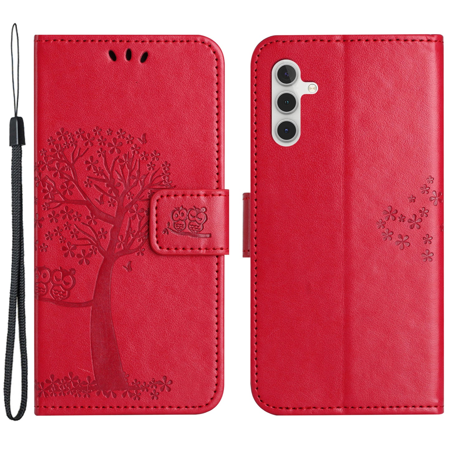 Leather Case for Samsung Galaxy M15 5G / F15 5G , Wallet Phone Cover Imprinted Owl Tree - Red