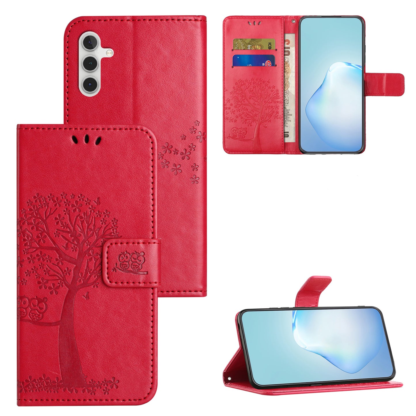 Leather Case for Samsung Galaxy M15 5G / F15 5G , Wallet Phone Cover Imprinted Owl Tree - Red