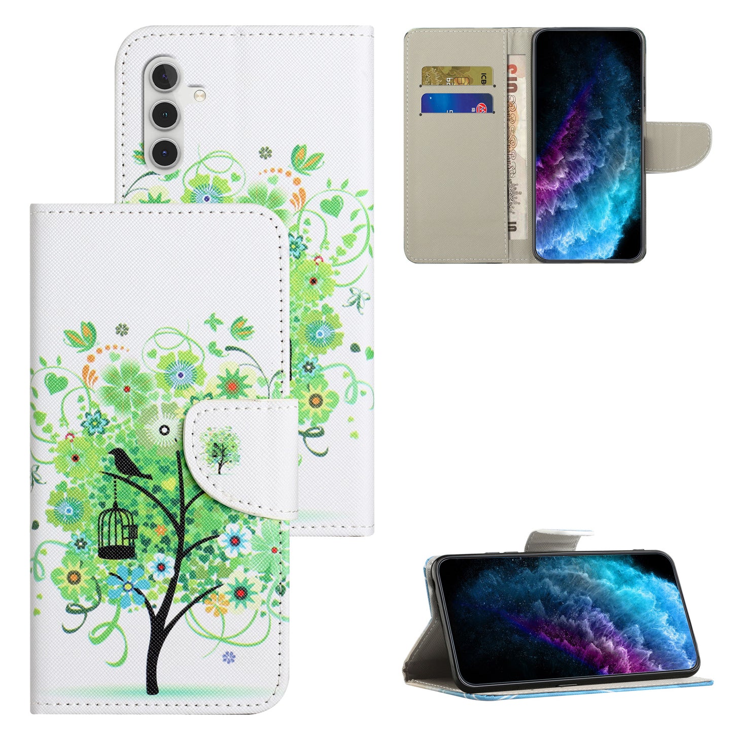 For Samsung Galaxy M15 5G / F15 5G Pattern Printing Wallet Case PU Leather Phone Cover - Green Tree