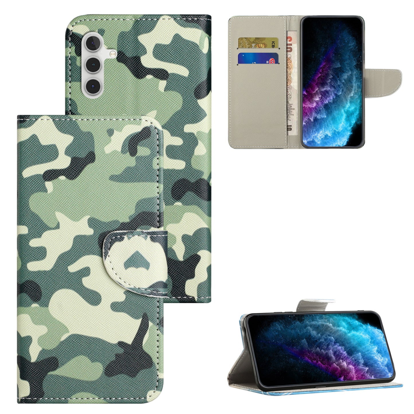 For Samsung Galaxy M15 5G / F15 5G Pattern Printing Wallet Case PU Leather Phone Cover - Camouflage