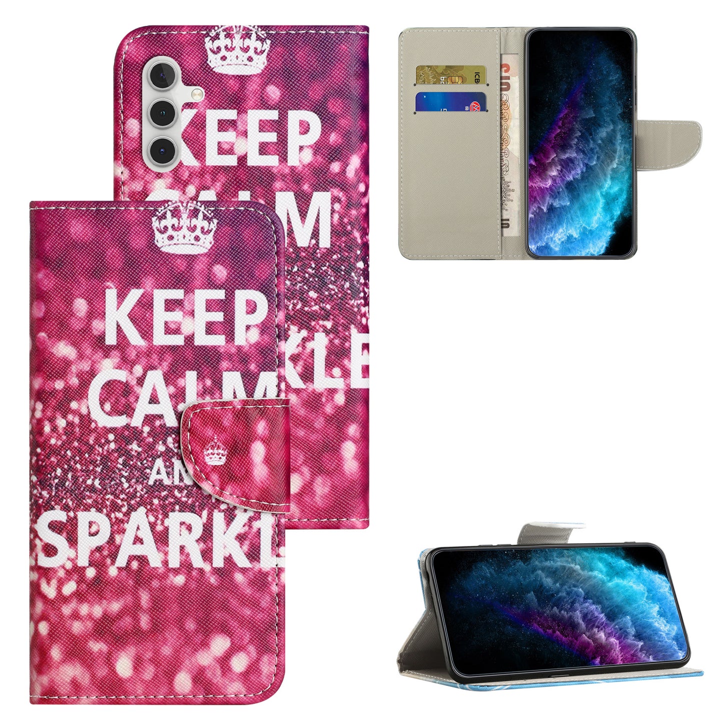 For Samsung Galaxy M15 5G / F15 5G Pattern Printing Wallet Case PU Leather Phone Cover - Keep Calm and Sparkle