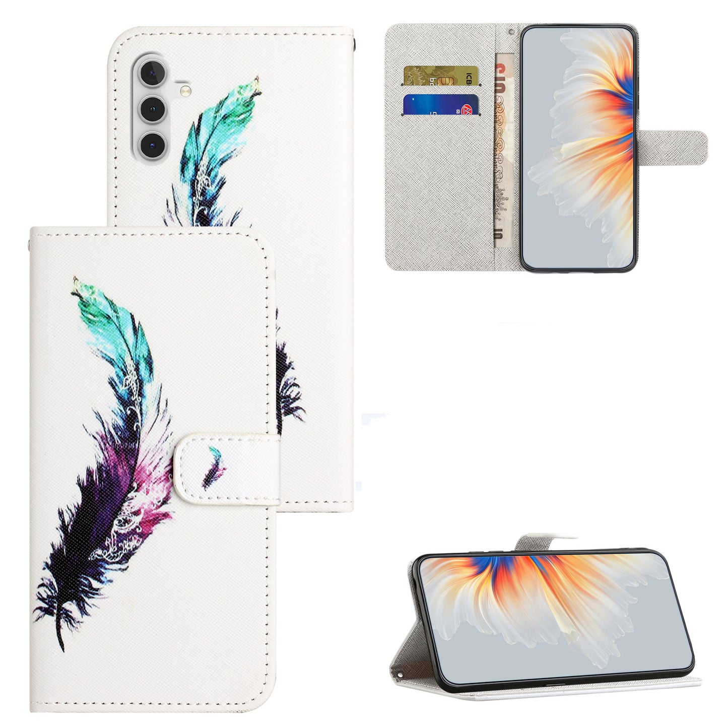 Leather Case for Samsung Galaxy M15 5G / F15 5G Pattern Printing Cross Texture Phone Wallet Cover - Feather