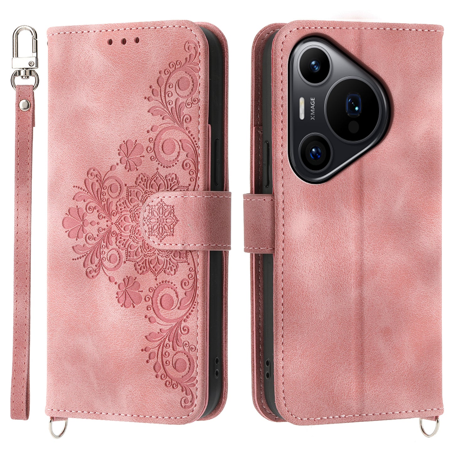 For Huawei Pura 70 Pro / Pura 70 Pro+ Crossbody Case Flower Pattern Design PU Leather Flip Phone Cover - Pink