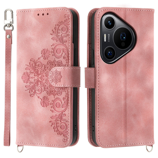 For Huawei Pura 70 Pro / Pura 70 Pro+ Crossbody Case Flower Pattern Design PU Leather Flip Phone Cover - Pink