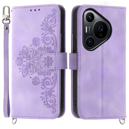 For Huawei Pura 70 Pro / Pura 70 Pro+ Crossbody Case Flower Pattern Design PU Leather Flip Phone Cover - Light Purple