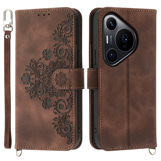 For Huawei Pura 70 Pro / Pura 70 Pro+ Crossbody Case Flower Pattern Design PU Leather Flip Phone Cover - Brown