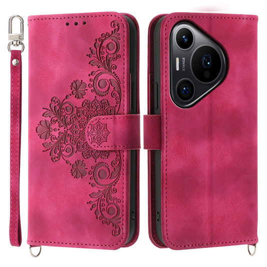 For Huawei Pura 70 Pro / Pura 70 Pro+ Crossbody Case Flower Pattern Design PU Leather Flip Phone Cover - Wine Red