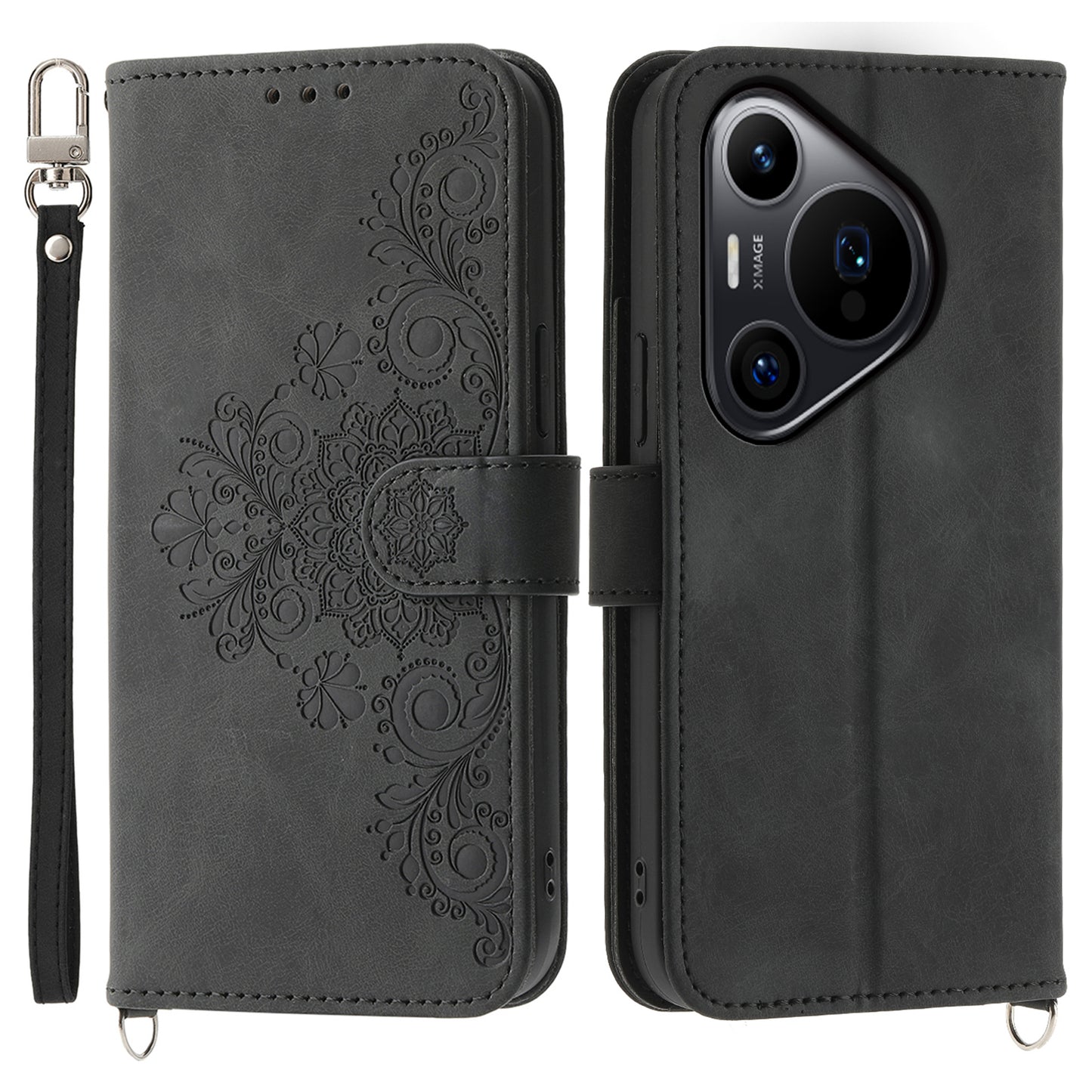 For Huawei Pura 70 Pro / Pura 70 Pro+ Crossbody Case Flower Pattern Design PU Leather Flip Phone Cover - Black
