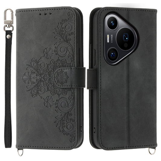 For Huawei Pura 70 Pro / Pura 70 Pro+ Crossbody Case Flower Pattern Design PU Leather Flip Phone Cover - Black