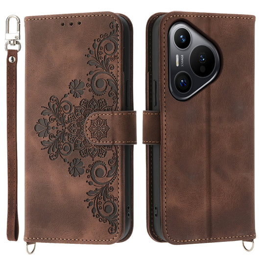 For Huawei Pura 70 Case Wallet Flower Pattern PU Leather Phone Cover with Crossbody Strap - Brown