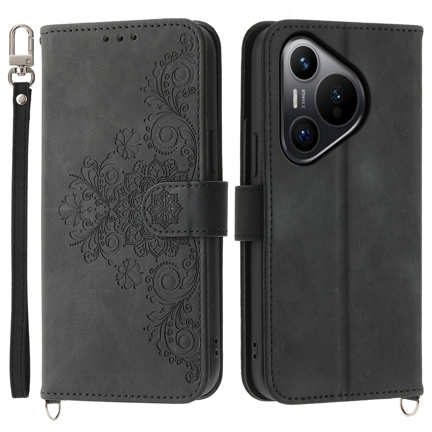 For Huawei Pura 70 Case Wallet Flower Pattern PU Leather Phone Cover with Crossbody Strap - Black