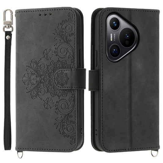 For Huawei Pura 70 Case Wallet Flower Pattern PU Leather Phone Cover with Crossbody Strap - Black