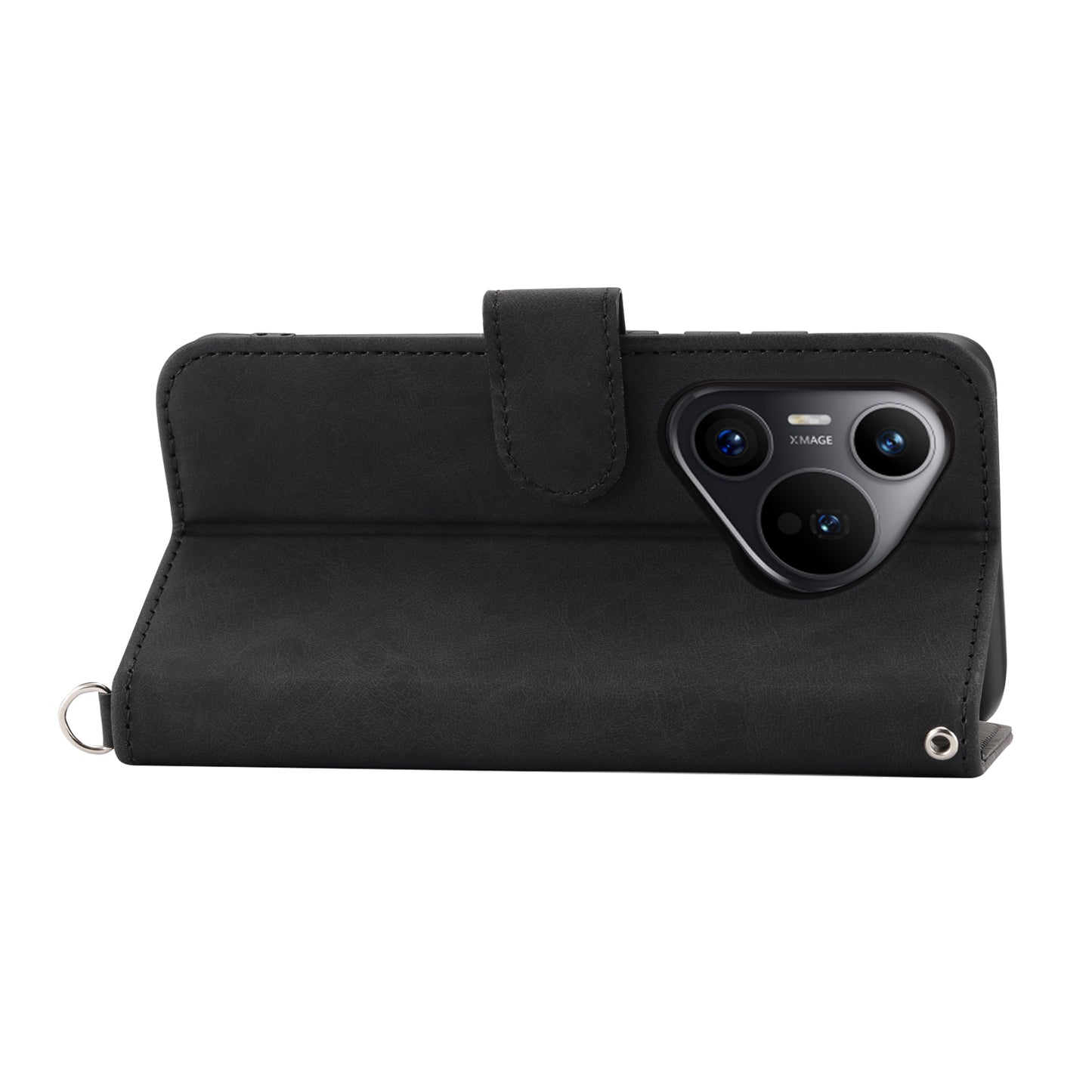 For Huawei Pura 70 Case Wallet Flower Pattern PU Leather Phone Cover with Crossbody Strap - Black