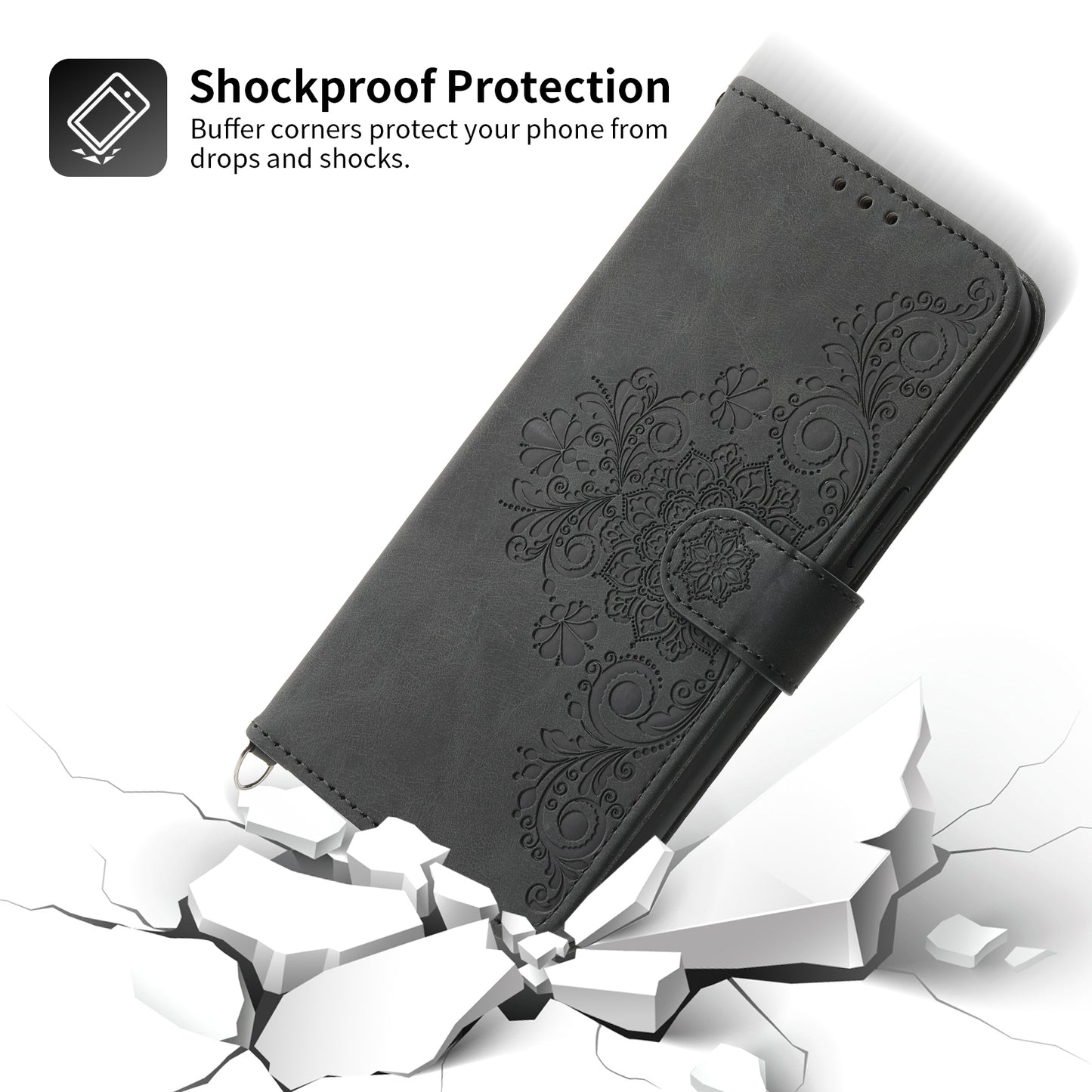 For Honor Magic6 Pro 5G Wallet Case Flower Pattern PU Leather Crossbody Phone Cover - Black