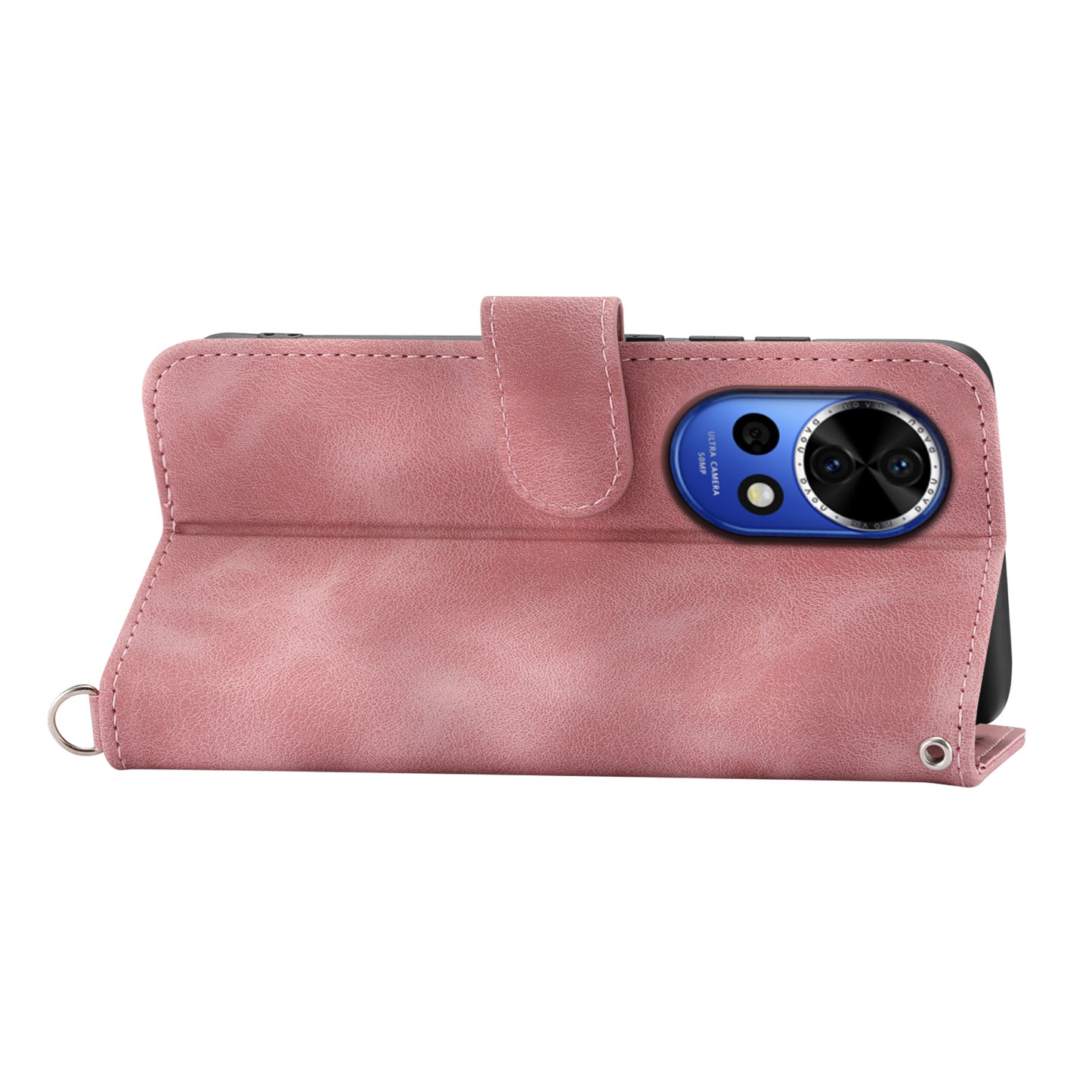 For Huawei nova 12 5G Leather Case Multiple Card Slots Phone Cover with 2 Straps - Pink