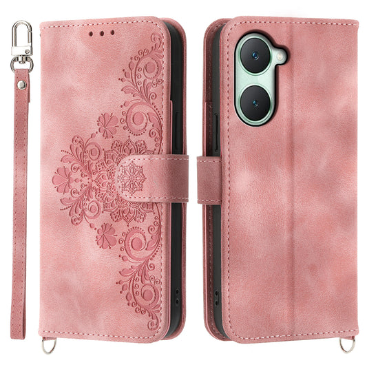 For vivo Y03 Crossbody Phone Case Card Slots Wallet PU Leather Cover Flower Pattern - Pink