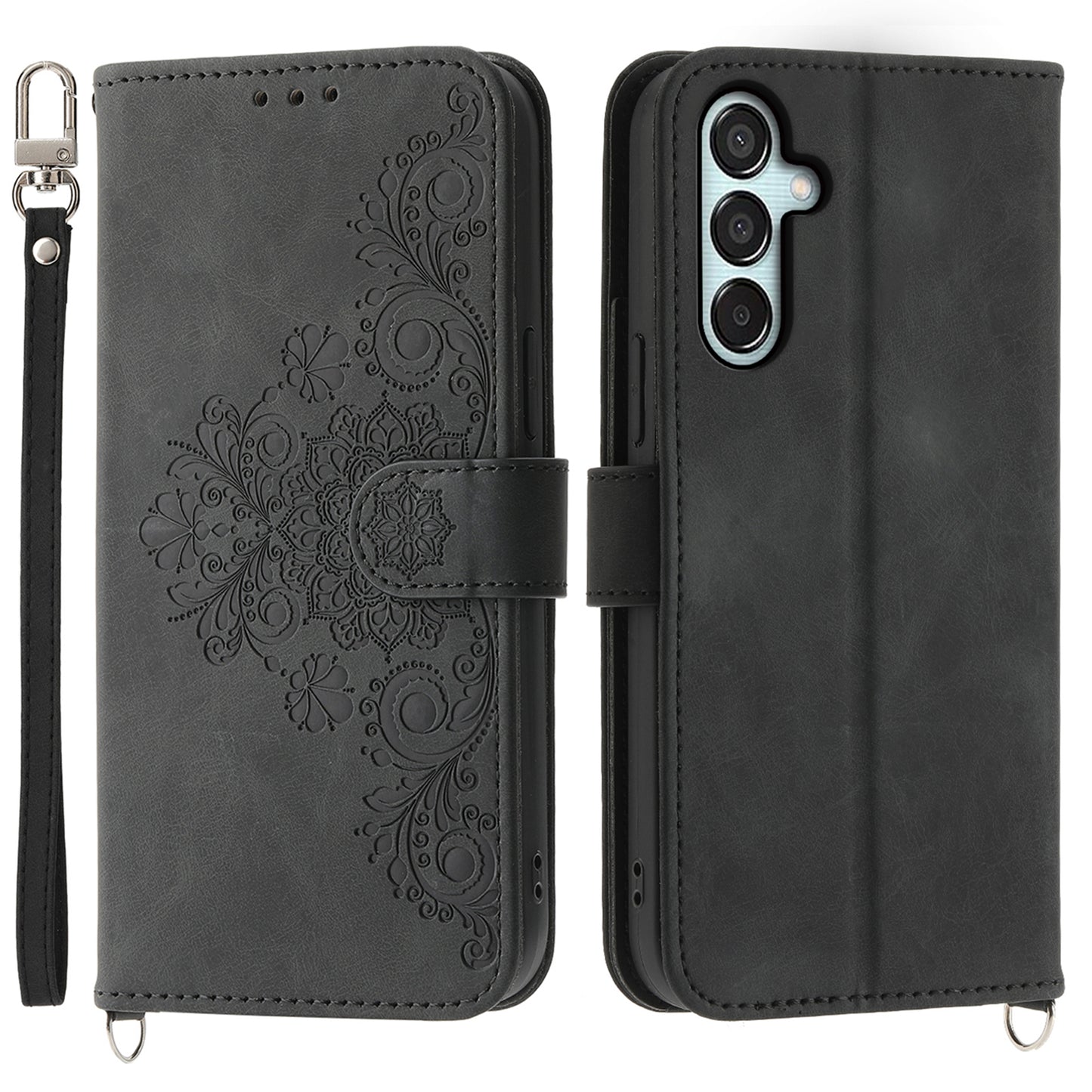 For Samsung Galaxy M15 5G / F15 5G Leather Case Flower Mobile Phone Cover Wholesale - Black