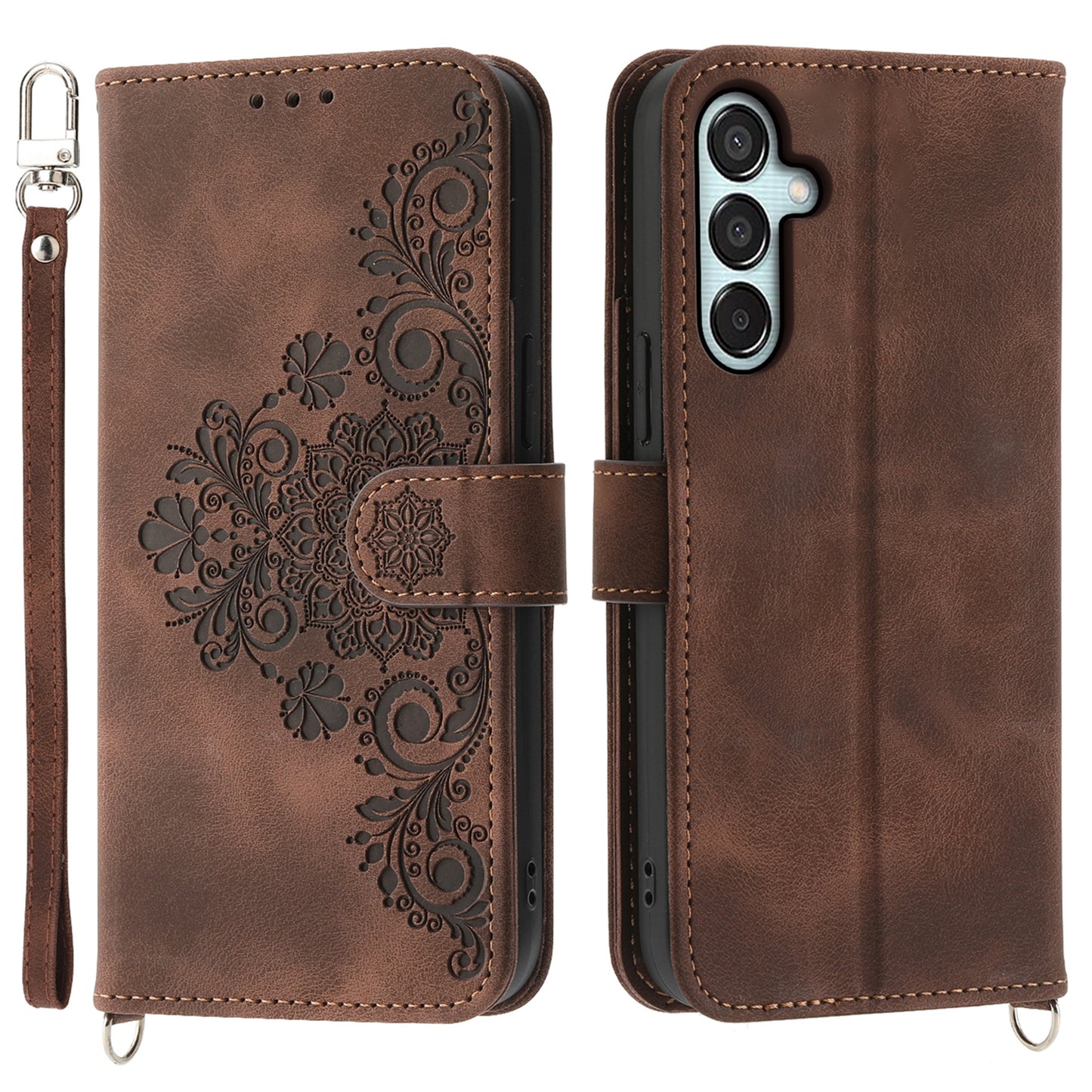 For Samsung Galaxy M15 5G / F15 5G Leather Case Flower Mobile Phone Cover Wholesale - Brown