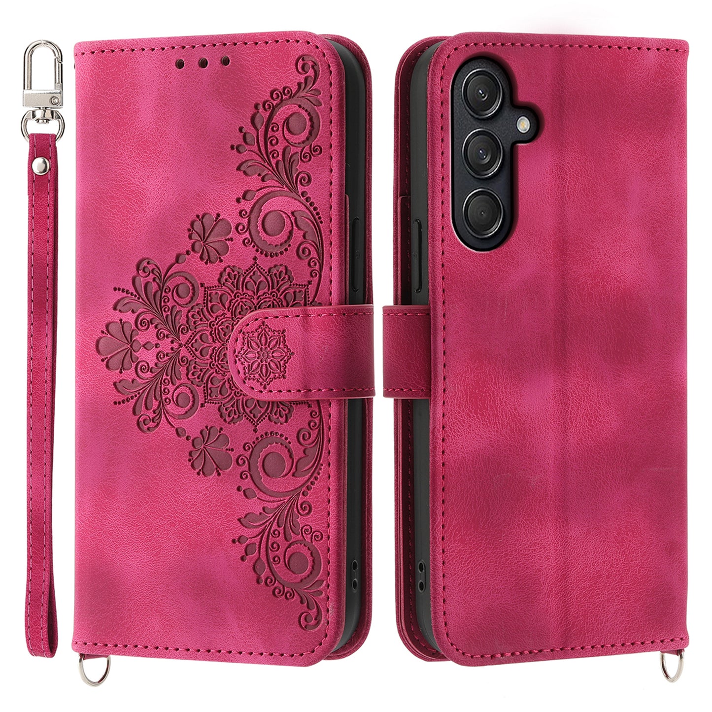 For Samsung Galaxy M55 5G Case Card Slots Wallet Leather Phone Cover with 2 Straps - Wine Red
