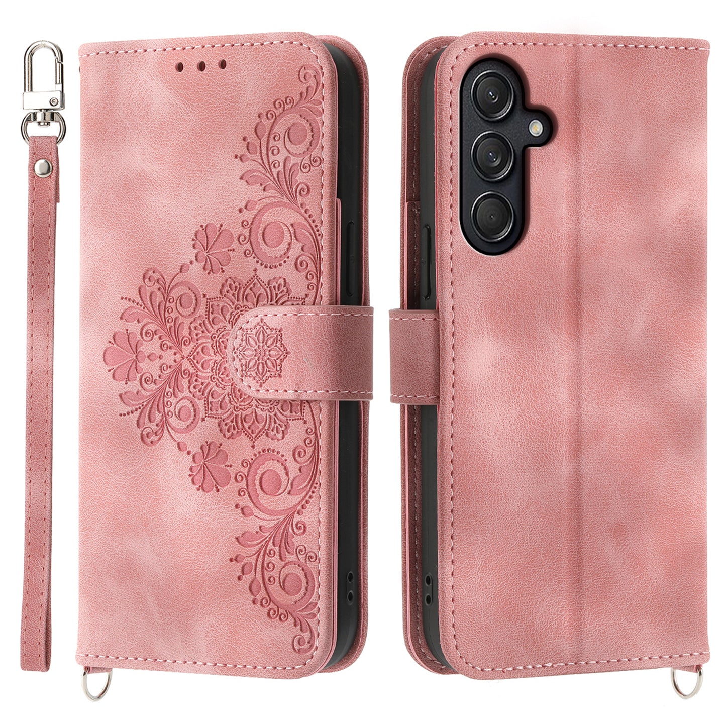 For Samsung Galaxy M55 5G Case Card Slots Wallet Leather Phone Cover with 2 Straps - Pink