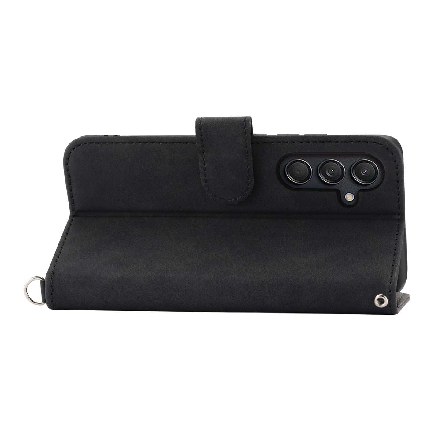 For Samsung Galaxy M55 5G Case Card Slots Wallet Leather Phone Cover with 2 Straps - Black