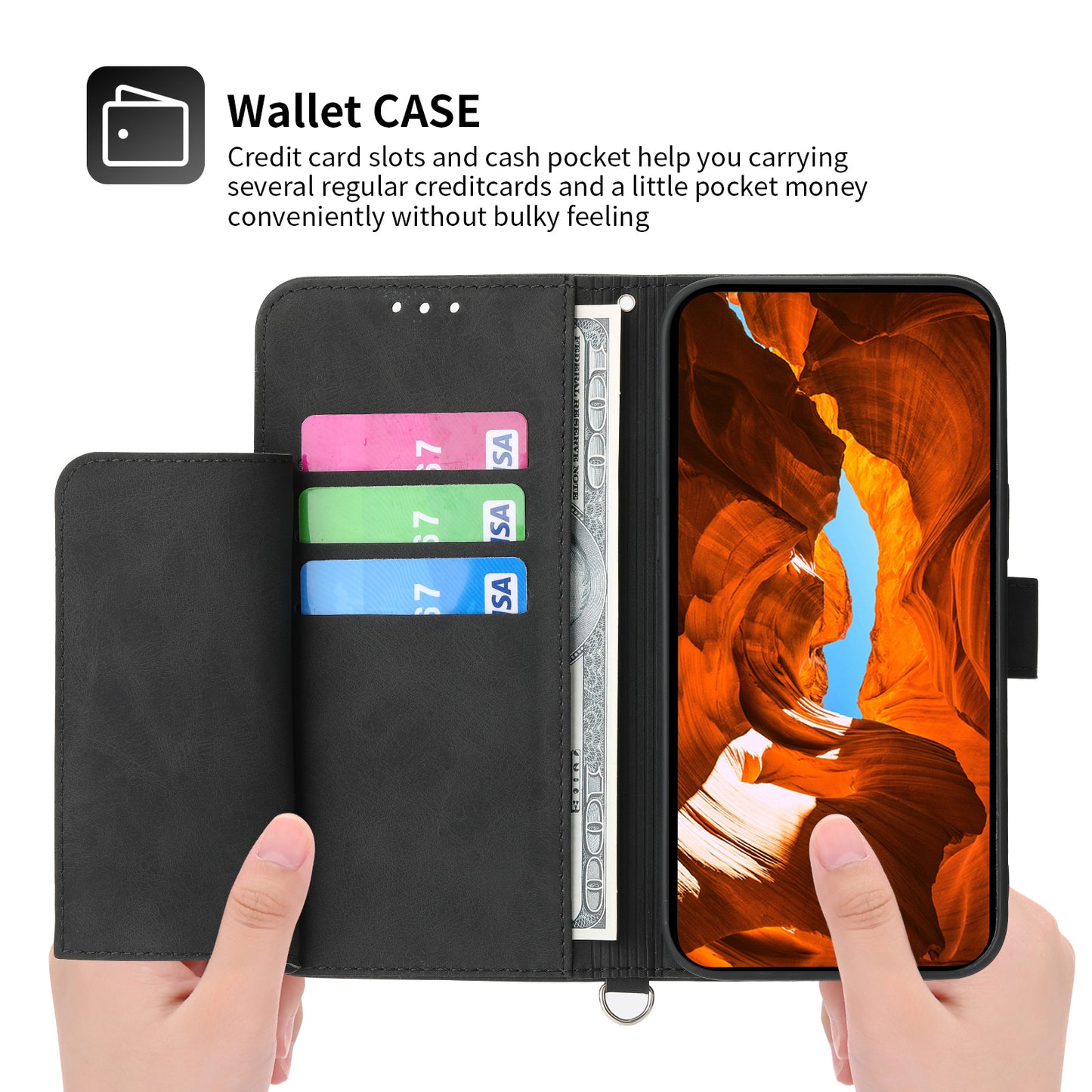 For Samsung Galaxy M55 5G Case Card Slots Wallet Leather Phone Cover with 2 Straps - Black