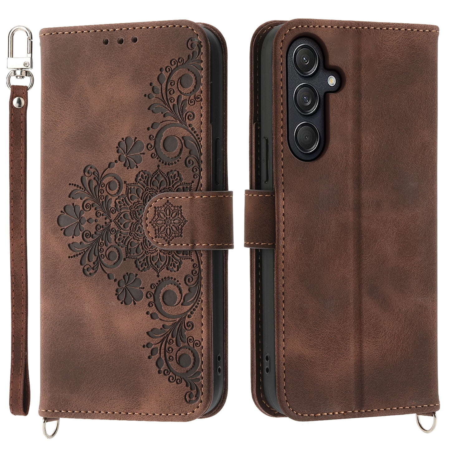 For Samsung Galaxy M55 5G Case Card Slots Wallet Leather Phone Cover with 2 Straps - Brown